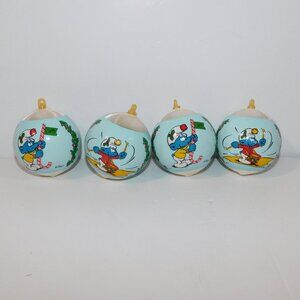 Set 4 Vintage 80s Smurfs Christmas Tree Ornament Satin Wrapped Balls Alderbrook